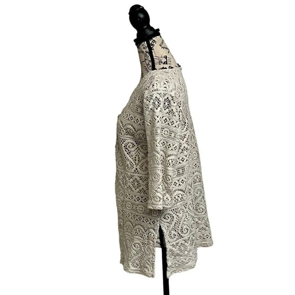 J Valdi White Crochet 90s Vintage Beach Coverup Pullover Mini Dress Sheer Tunic - Picture 3 of 9